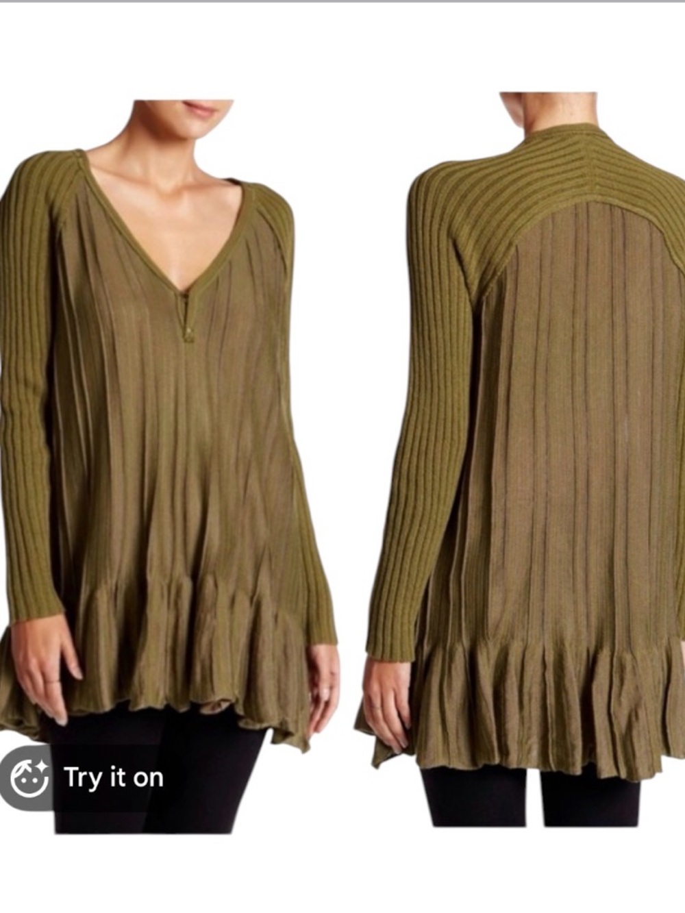 Free People Ribs and Ruffles Tunic Top Size M Olive Green Ribbed Pleated Boho